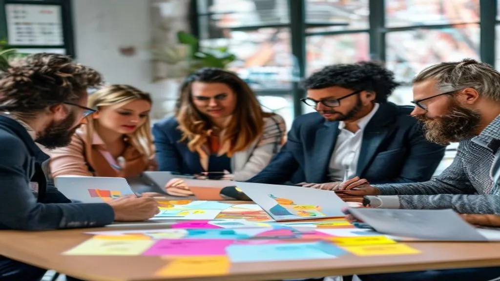 A diverse group of professionals collaborating around a table, brainstorming marketing strategies with sticky notes and