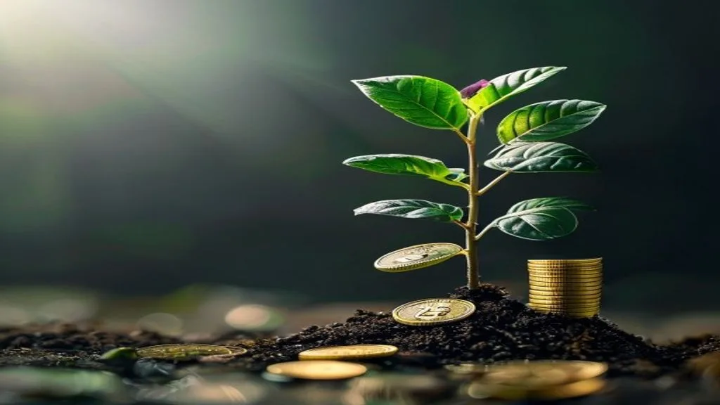 A growing plant with coins blooming from it, symbolizing business growth and benefits of effective marketing.