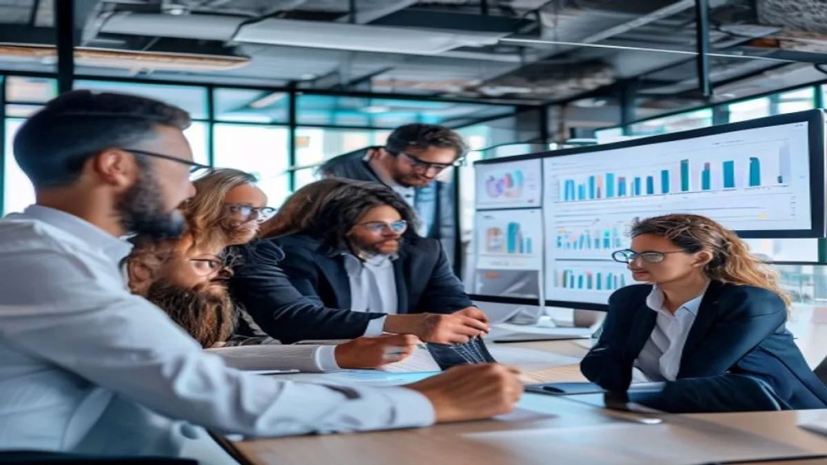 A diverse group of professionals collaborating on a marketing strategy, looking at charts and digital screens, conveying innovation and teamwork in a modern office setting. No visible text, no logos, no watermarks.
