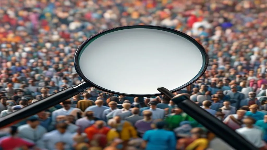 A magnifying glass over a diverse crowd, symbolizing target audience understanding and market research. No visible