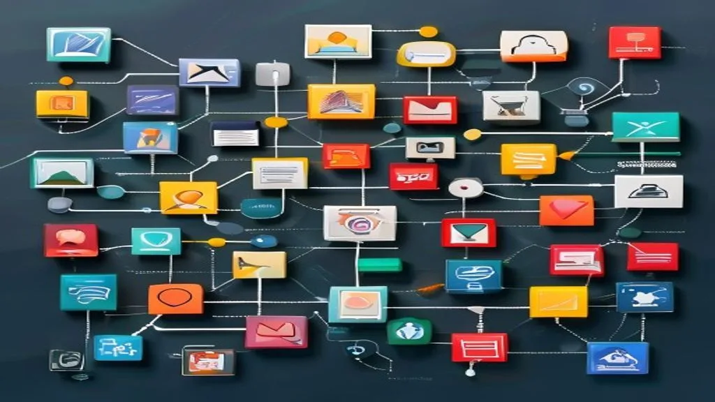 A flowchart or mind map with various content types (blog, video, social media icons) connected, representing