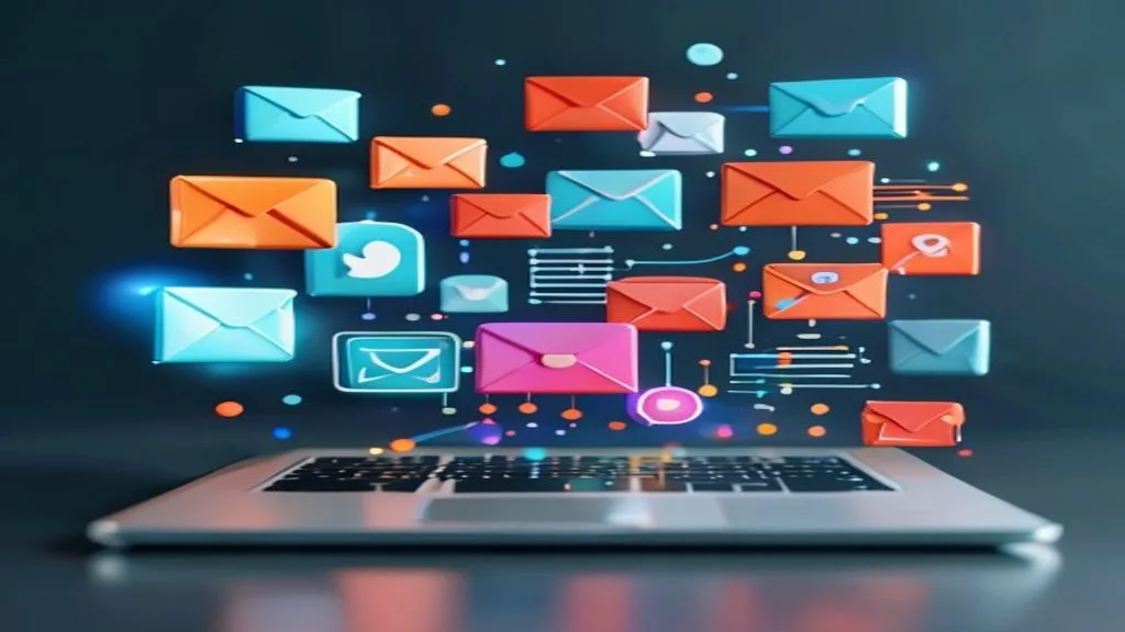 Abstract digital marketing symbols like social media icons, SEO graphs, email envelopes floating around a laptop