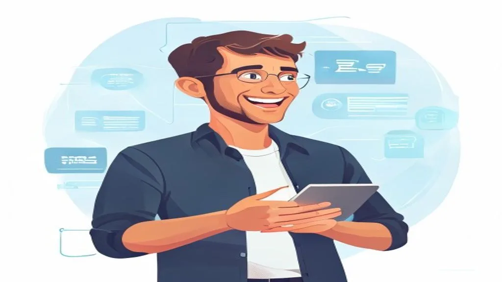 An illustration of a happy customer interacting with a brand's digital interface, symbolizing excellent customer experience.,