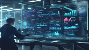 A futuristic marketing dashboard displaying data analytics, charts, and graphs with a person interacting with a holographic interface. The scene should convey innovation and strategic planning, with a clean, modern aesthetic. No visible text or logos., featured image, 16:9, professional editorial blog image, no visible text, no logo, no watermark