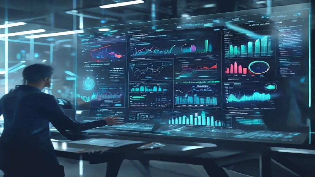 A futuristic marketing dashboard displaying data analytics, charts, and graphs with a person interacting with a holographic interface. The scene should convey innovation and strategic planning, with a clean, modern aesthetic. No visible text or logos., featured image, 16:9, professional editorial blog image, no visible text, no logo, no watermark