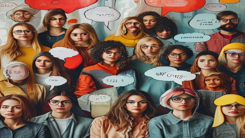 A diverse group of people representing a target audience, with thought bubbles showing their needs, desires,