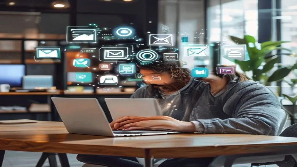 A person using a laptop with various digital marketing icons floating around (SEO, social media, email,