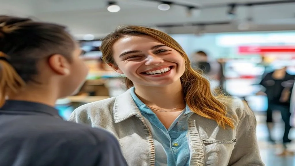 A customer smiling and interacting with a brand representative in a positive way, symbolizing excellent customer