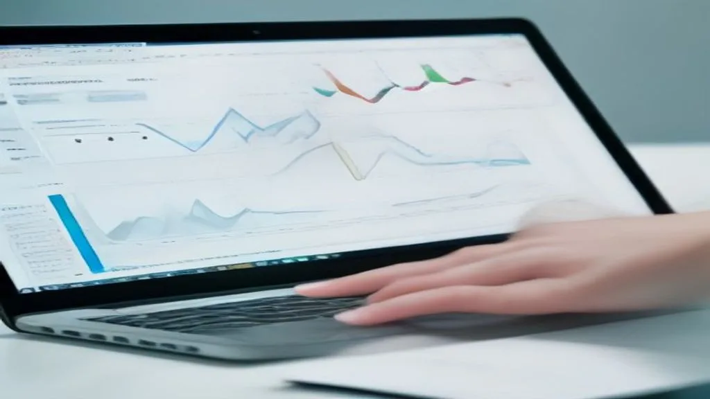 A person analyzing marketing data on a laptop, with charts and graphs visible on the screen,