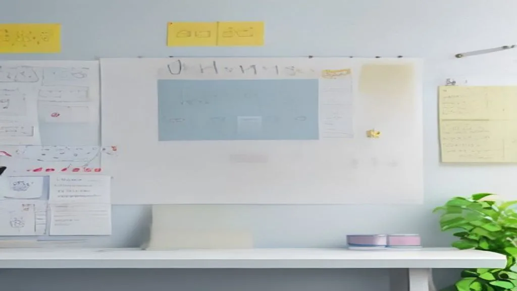 A creative person brainstorming content ideas, surrounded by sticky notes and a whiteboard with diagrams and