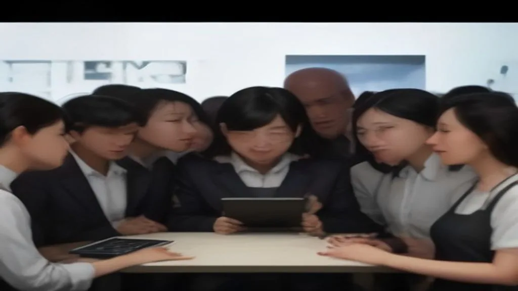 A group of diverse individuals engaging with various digital devices (smartphone, tablet, laptop) in a seamless,